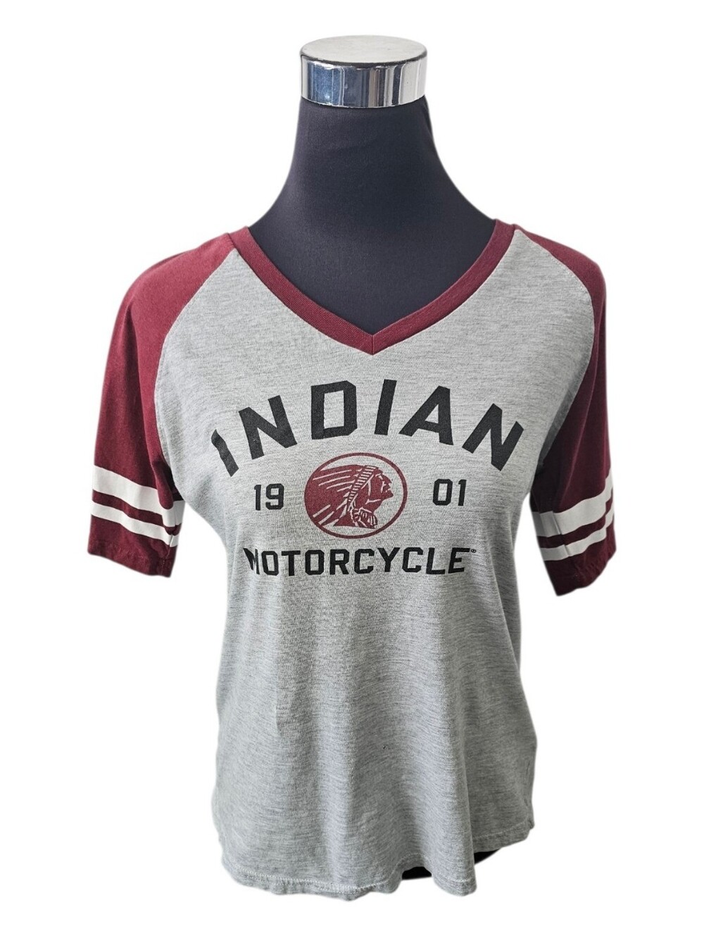 INDIAN Motorcycle Womens V Neck Vintage Inspired Grey & Burgandy T Shirt Size L